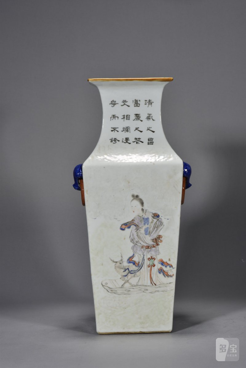 清光绪 程松石浅绛彩山水人物花鸟四方瓶 - 图8